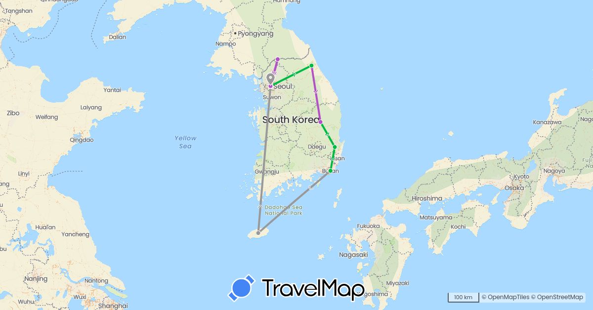 TravelMap itinerary: driving, bus, plane, train in South Korea (Asia)